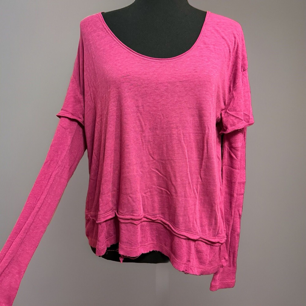 Free People Shirt XS Womens Long Sleeve Top Layered Grunge Hi Lo Raw Edge Hem