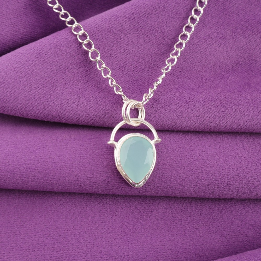 Sterling Silver Aqua Chalcedony Dangle Drop Bezel Earrings for Women