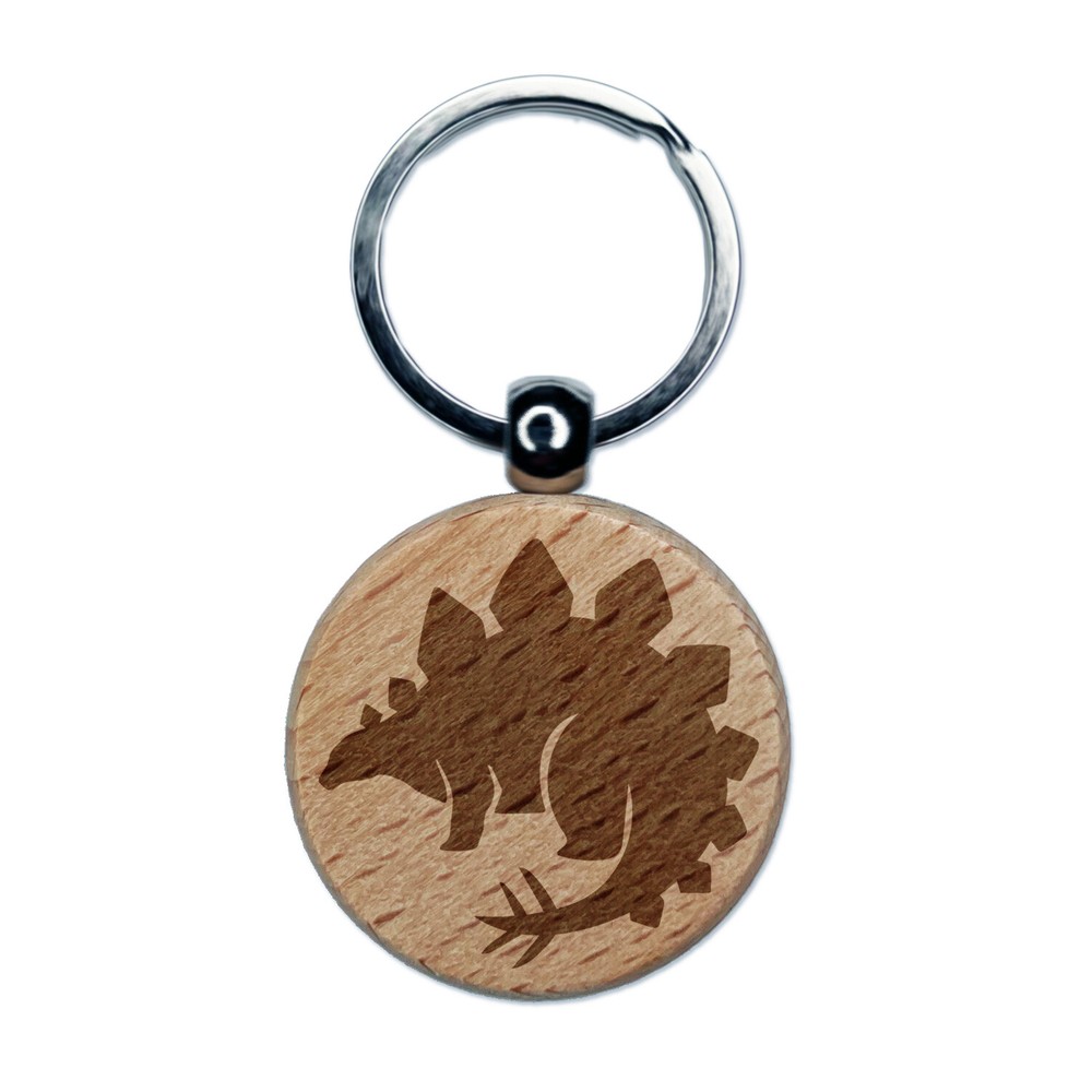 Stegosaurus the Spikey Dinosaur Engraved Wood Round Keychain Tag Charm