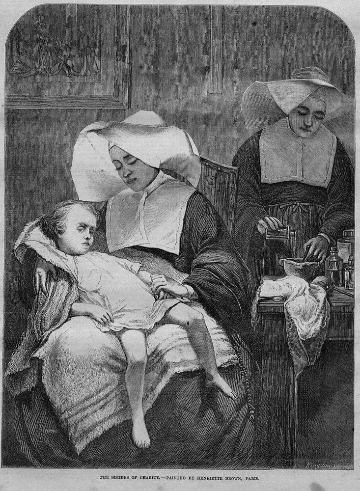 NURSE THE SISTERS OF CHARITY CARING FOR SICK CHILD MIXING MEDICINE EARLY NURSING