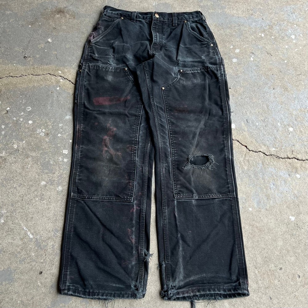 Vintage carhartt faded black distressed double knee work wear carpenter pants