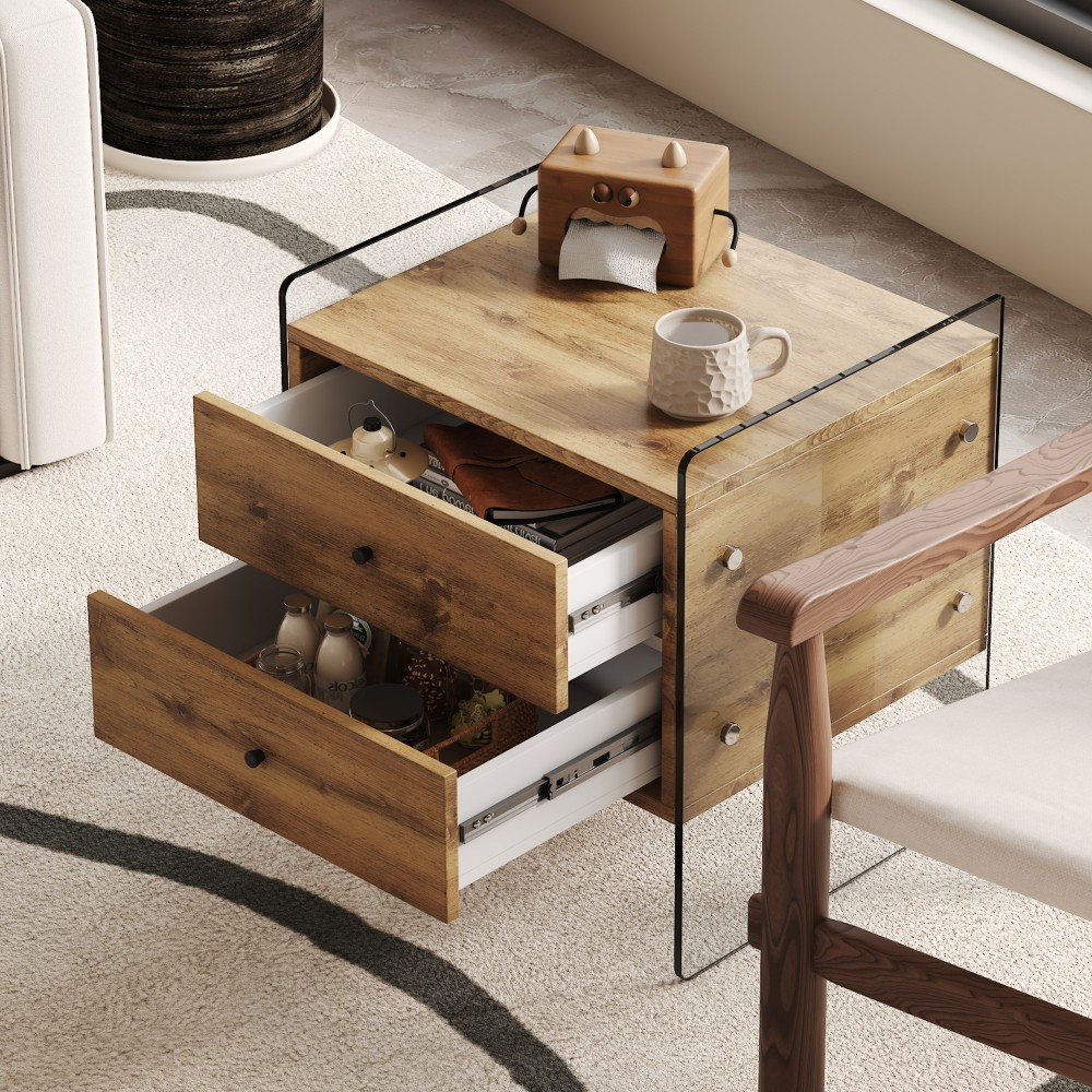 Bedside table W transparent tempered glass panels on both sides and two drawers.