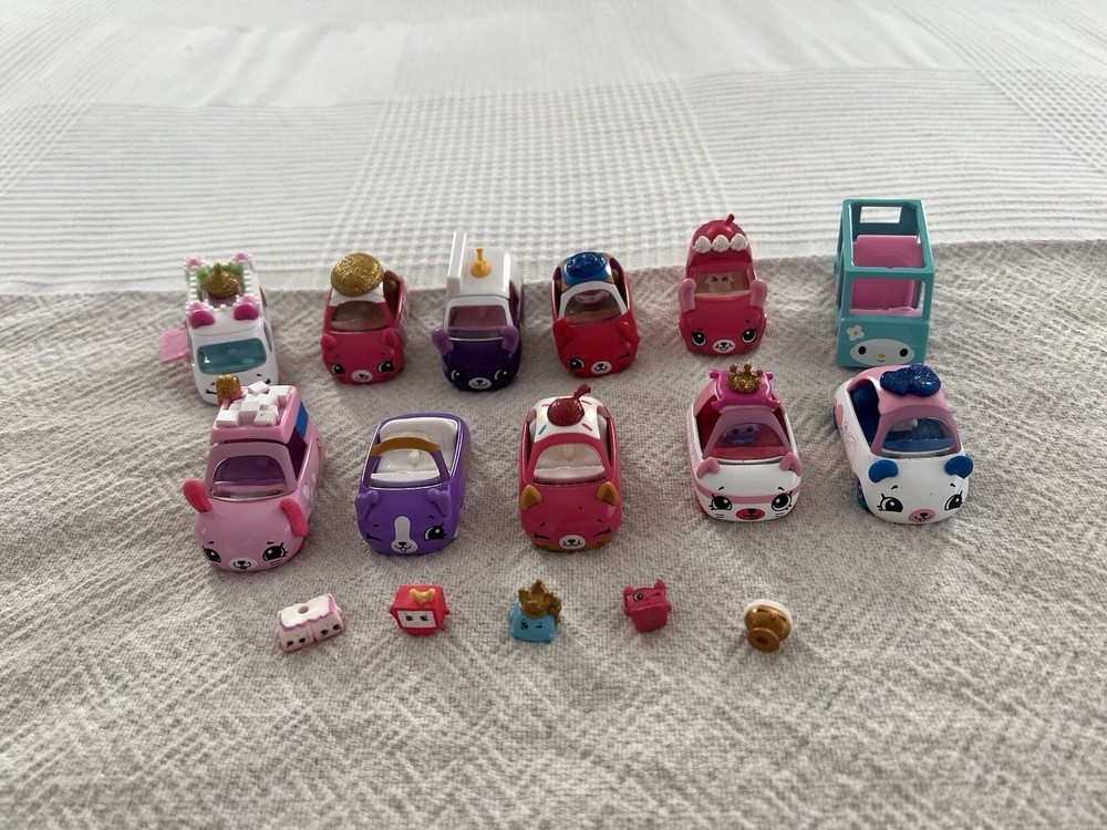 Shopkins Toy Cutie Car Lot. 10 Cars, 5 Shopkins Figurines EUC