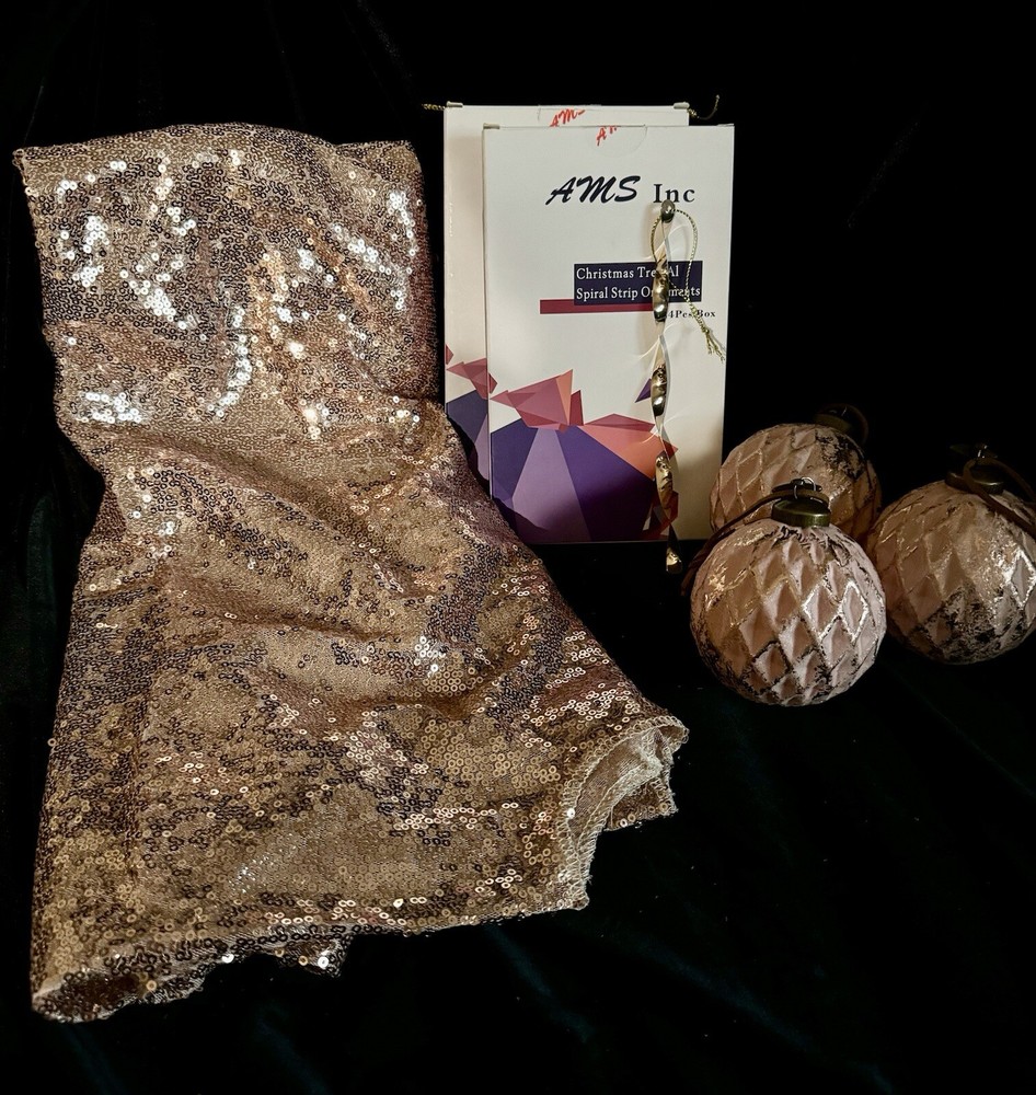 NWT & NWOT Copper/Rose Gold Sequin Tree Skirt & 51 Copper/Rose Gold Ornaments