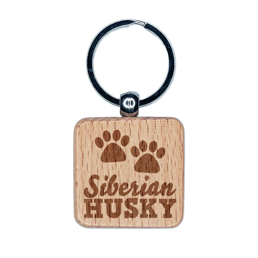 Siberian Husky Paw Print Engraved Wooden Keychain Charm  