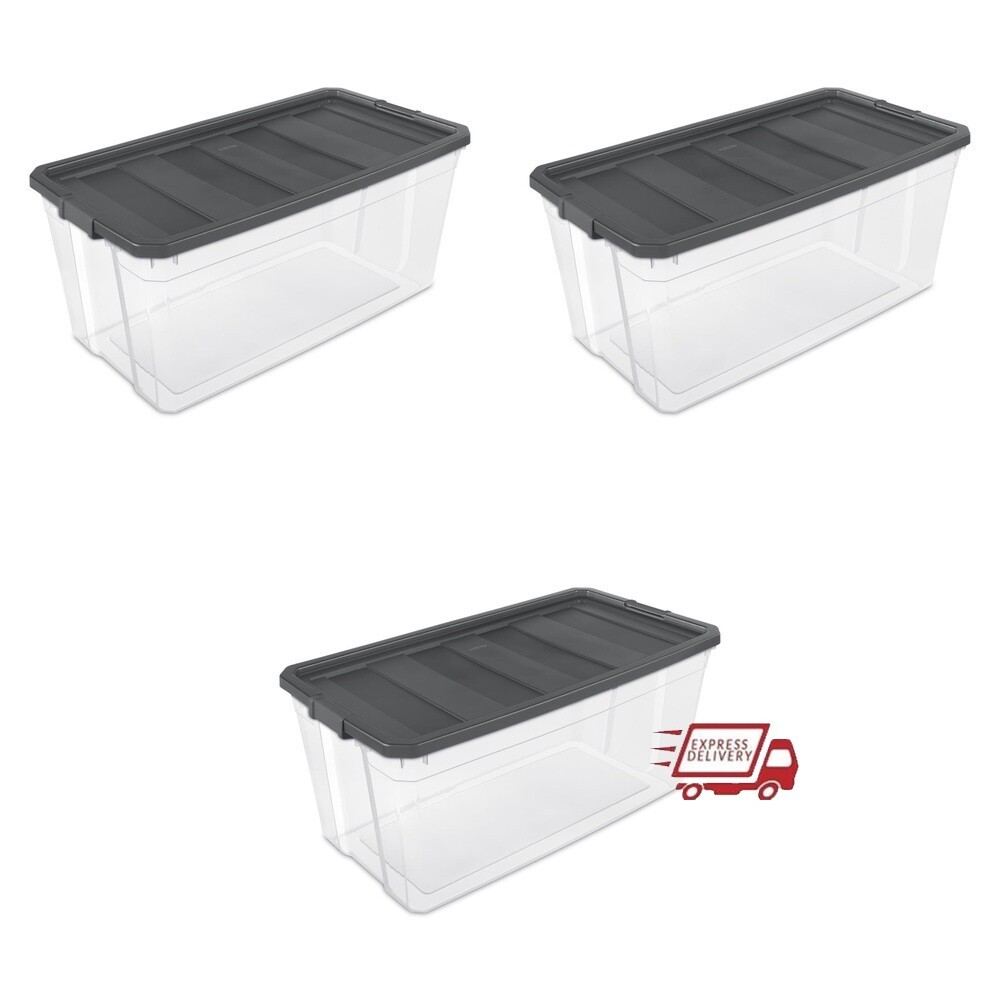 Durable 200 Qt Clear Plastic Stacker Box with Lid 3-Pack Storage Solution New US