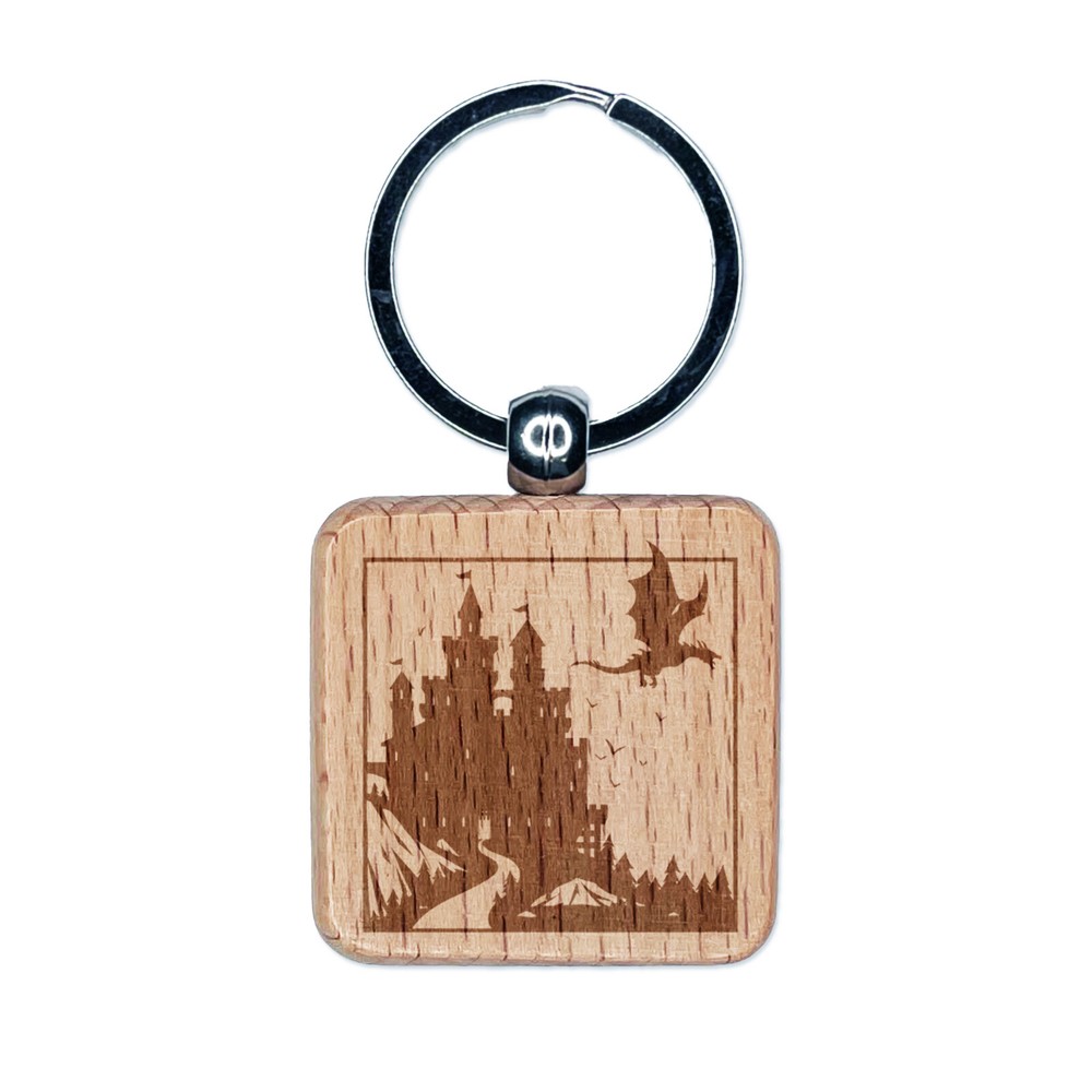 Dragon Flying Over Medieval Castle Engraved Wood Square Keychain Tag Charm