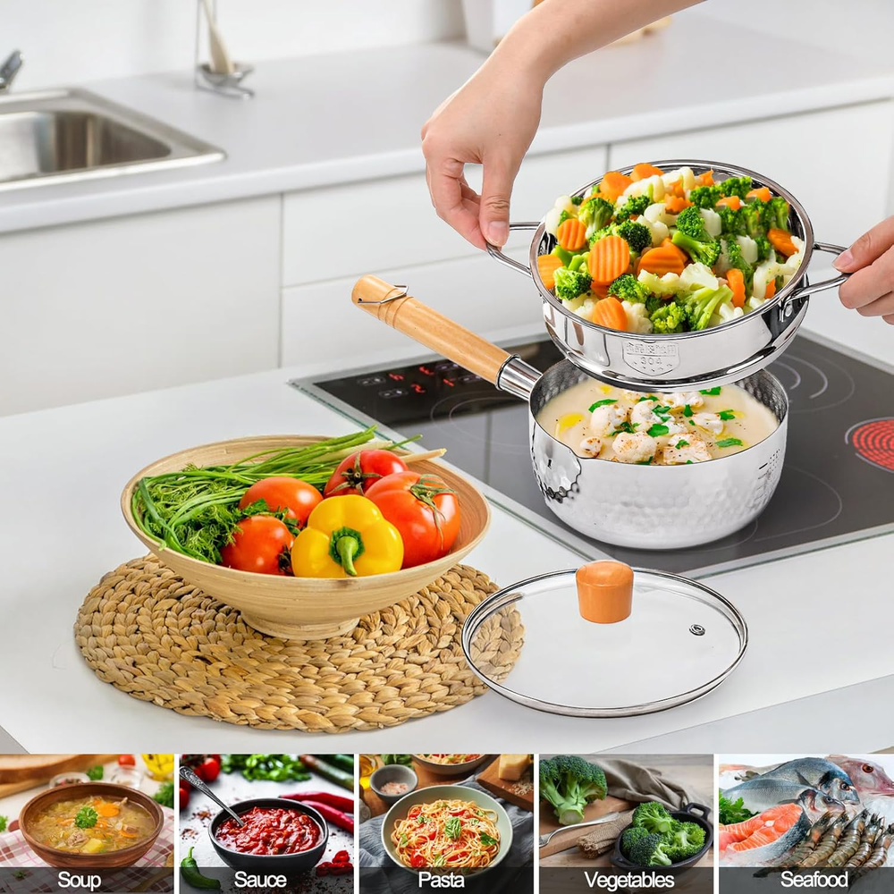 Stainless Steel Saucepan with Steamer 1.2 Quart Yukihira Sauce Pan with Lid Wood