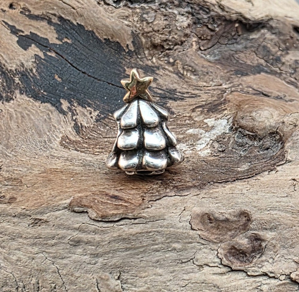 Authentic Pandora 925 ALE Christmas Tree Charm Sterling Silver 14k Gold Retired Bead