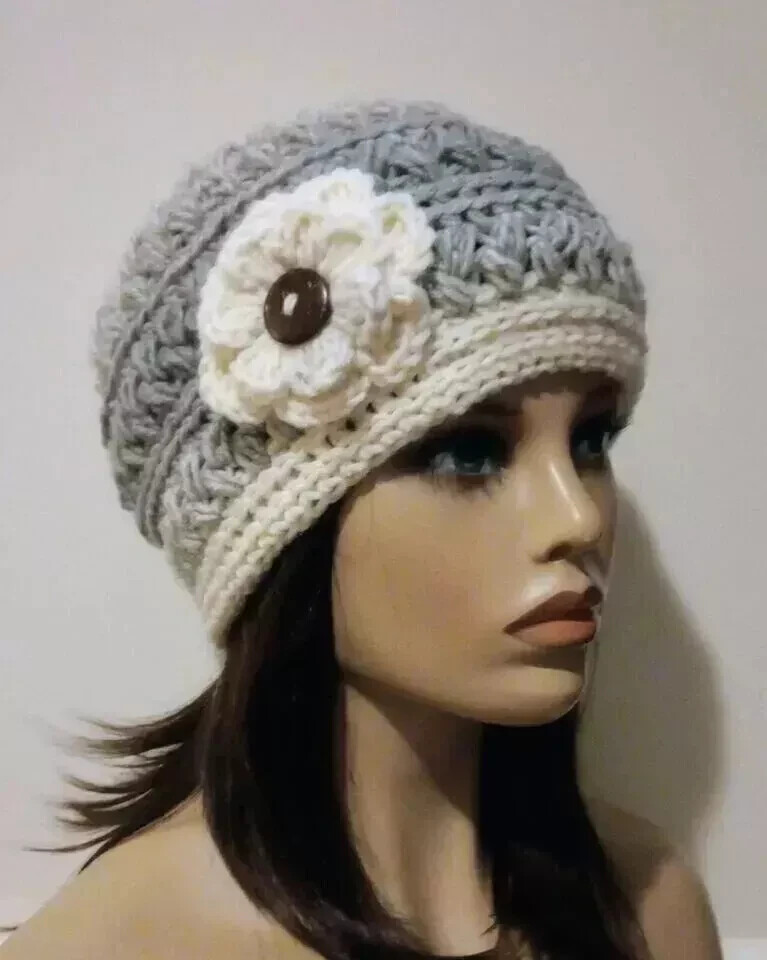 crochet womans handmade flower hat beanie  wool blend cream silver puffs USA