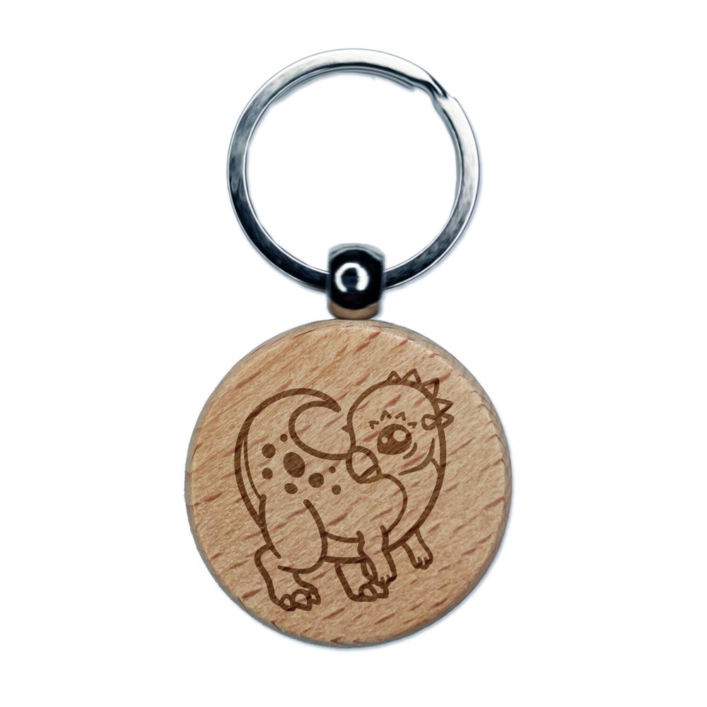 Chibi Pachycephalosaurus Dinosaur Engraved Wood Round Keychain Tag Charm