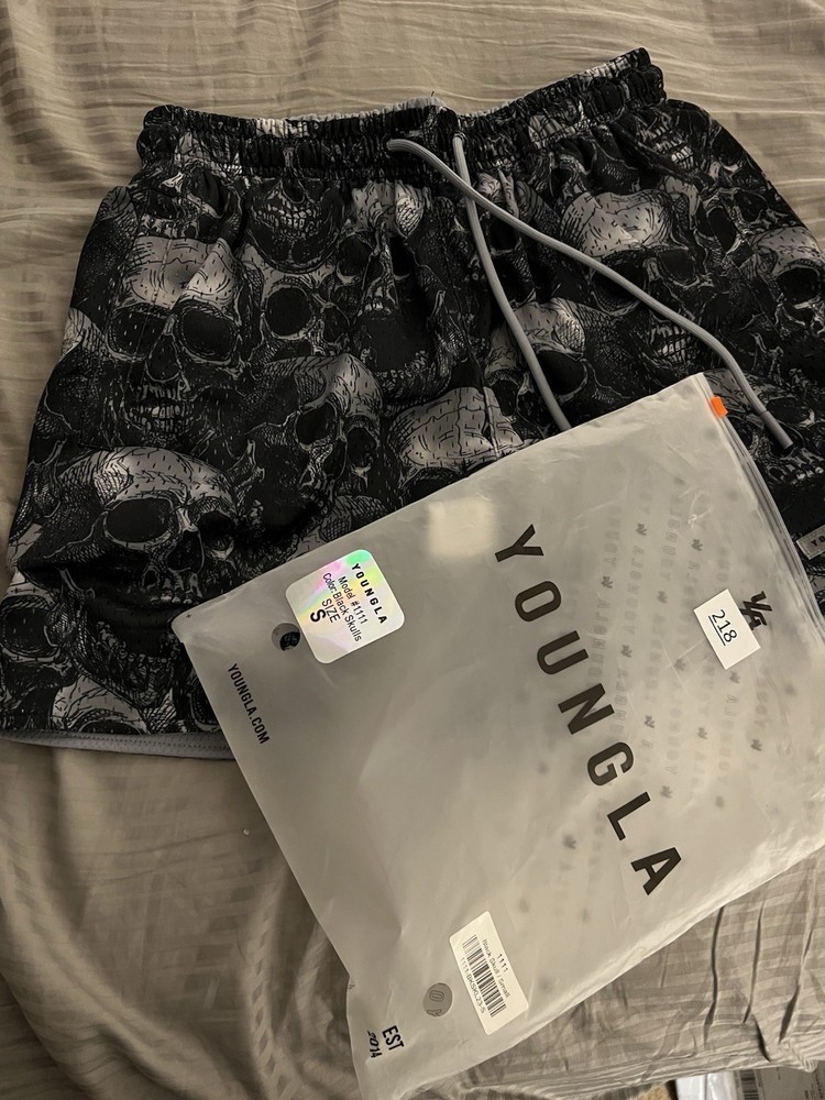 YoungLA Skull Print Mesh Shorts Gray Black S Athletic Men's Polyester Drawstring