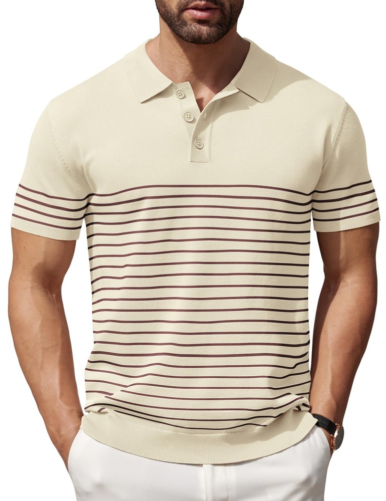 Men's Striped Knit Polo Shirt Short Sleeve Button Down Knitting Golf Shirts F...