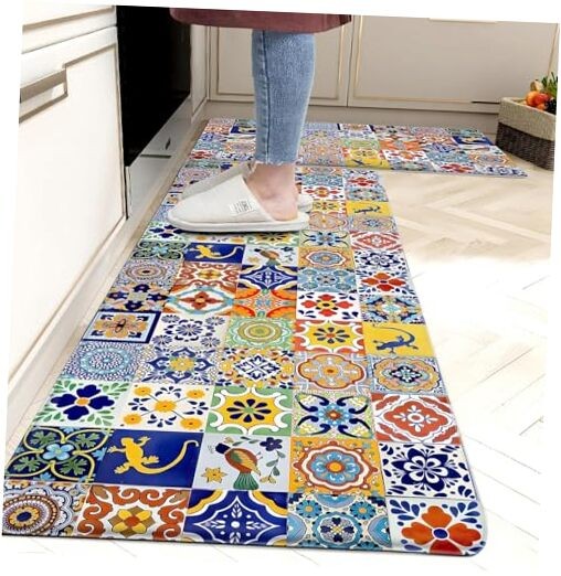 Boho Kitchen Rugs Set of 2 Memory Foam Non-Slip Colorful Ceramic Tile Mats