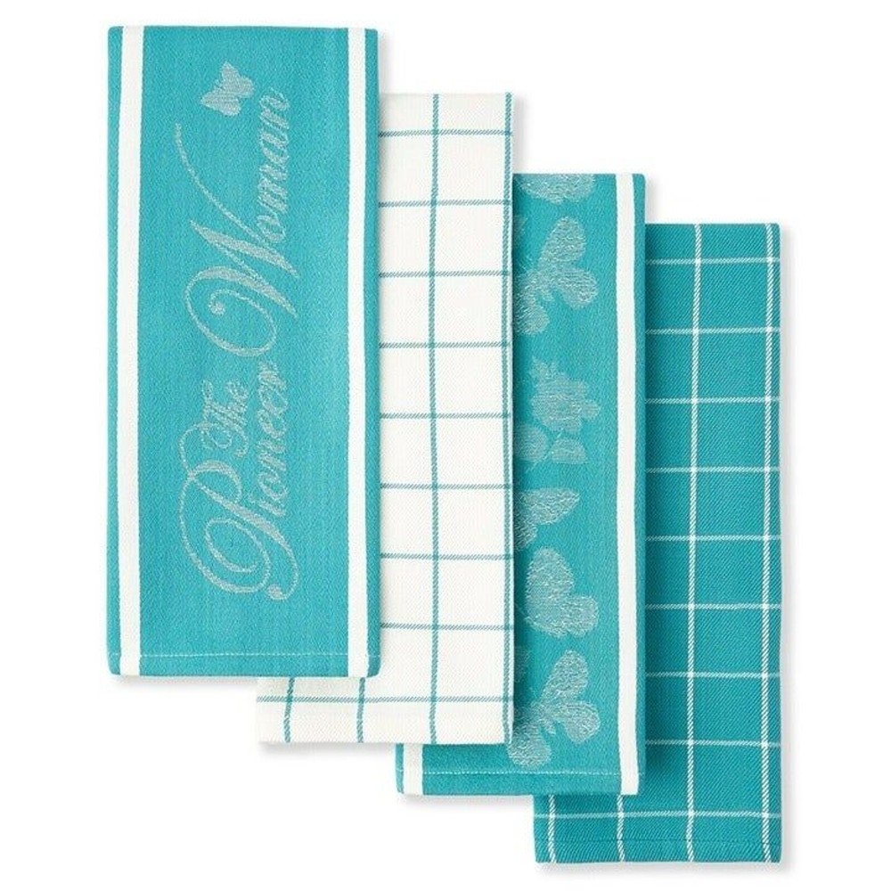 Pioneer Woman Butterfly Kitchen Towels Teal Blue White 4-Piece Rustic Farmhouse