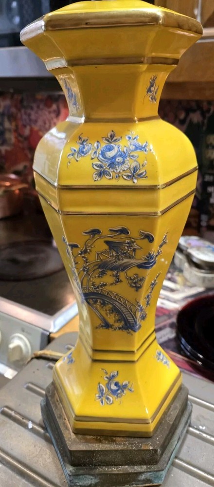 Vintage Chinoiserie Table Lamp Base, Bright Yellow, & Blue 21