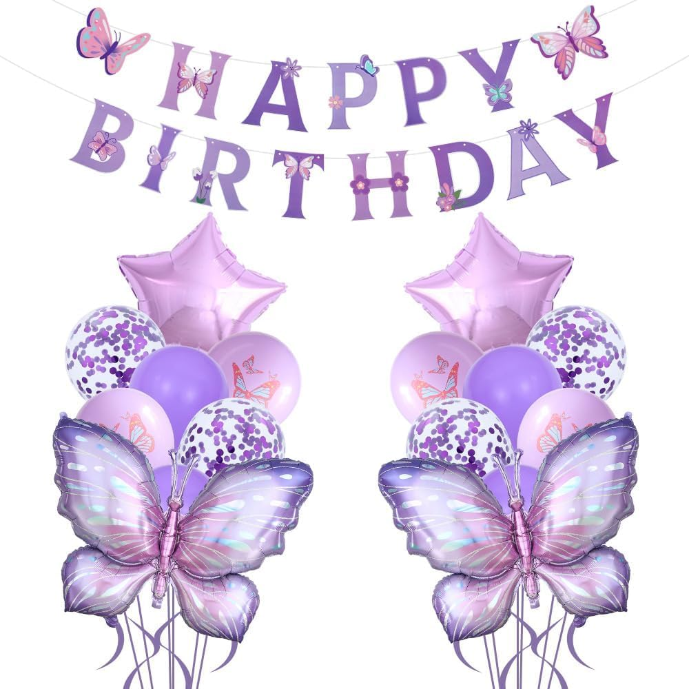 18Pcs Purple Butterfly Balloons and Happy Birthday Banners for Purple Butterfly