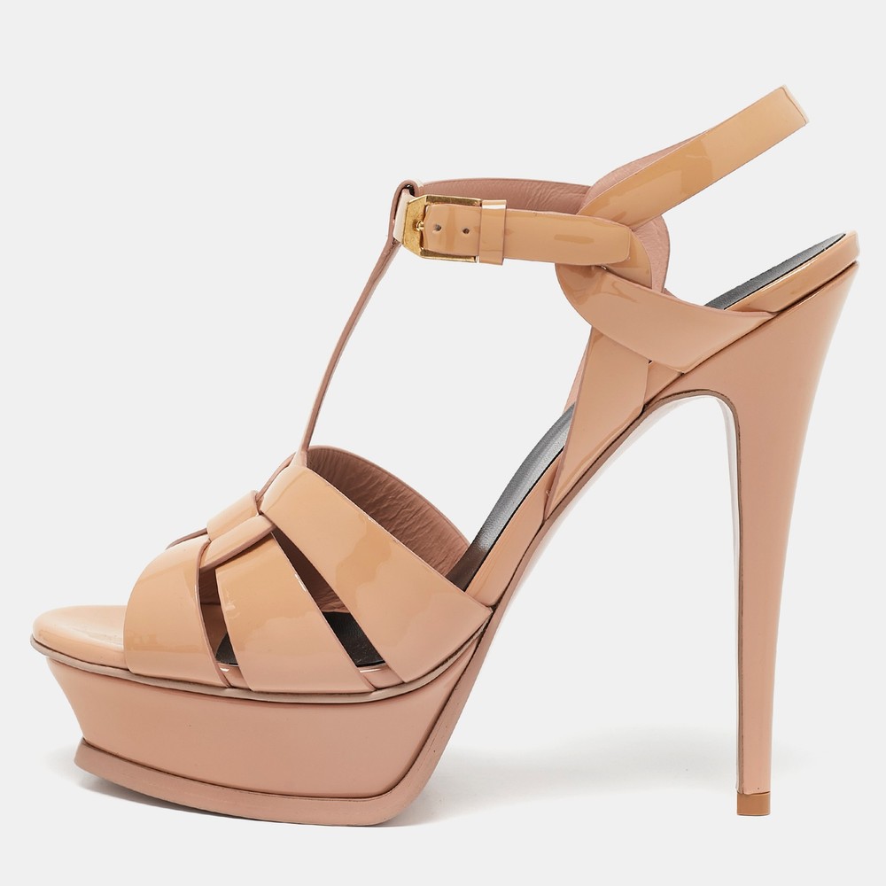 Saint Laurent Dusty Pink Patent Leather Tribute Platform Sandals Size 39 EU