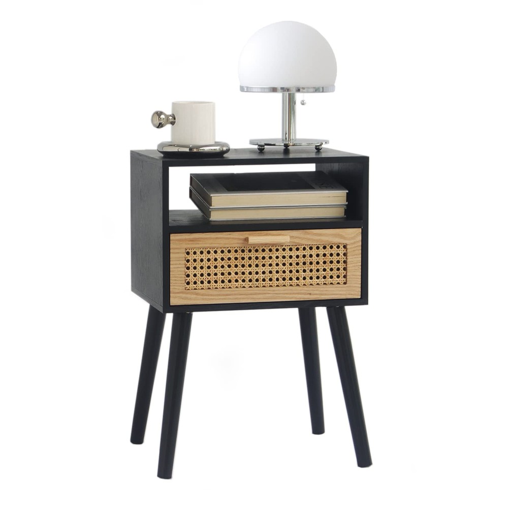 Mid Century Black Nightstand with Rattan Drawer and Wood Shelf, Easy Assembly
