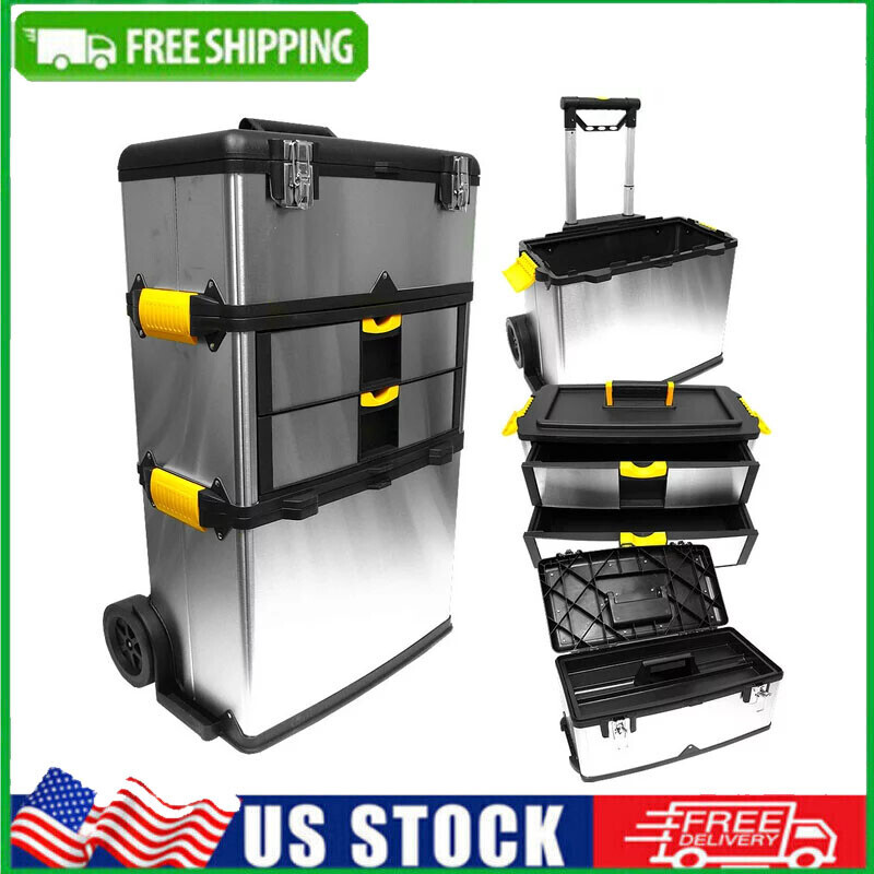 3-Part Rolling Mobile Tool Box Organizer for Garage Workshop in Stainless Steel