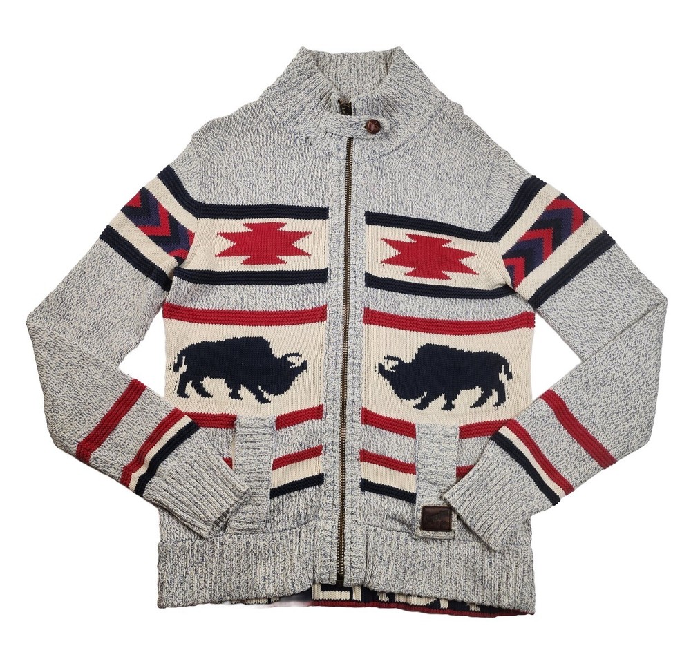 SuperDry Men's Big Zip Aztec Buffalo Knit Cardigan Sweater Sz Medium *FLAWS*