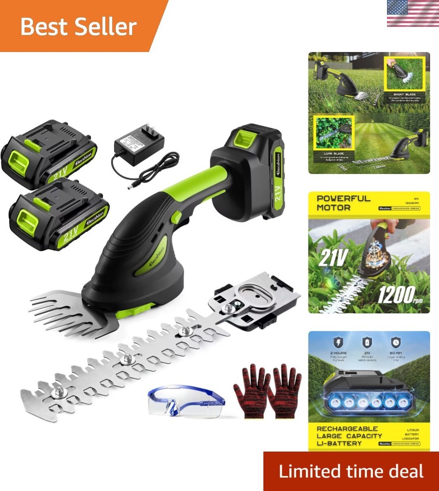 21V Cordless Hedge Trimmer with Stainless Steel Blades Includes 2 Batteries & Charger