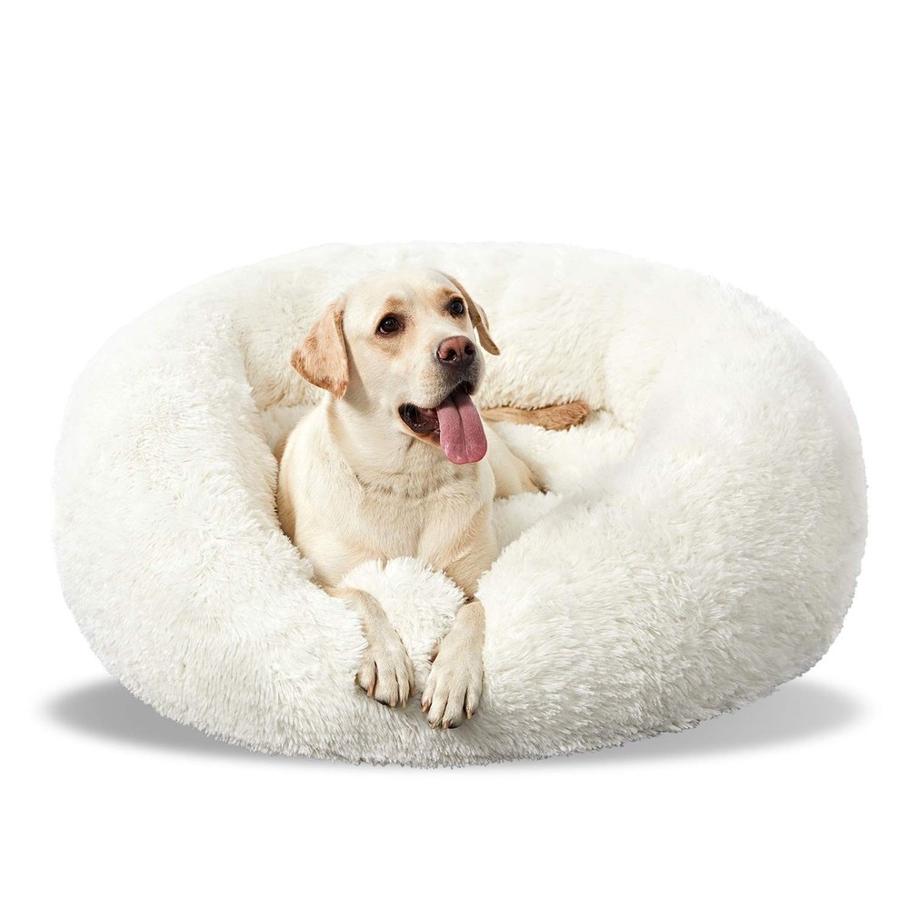 Washable Large Round Donut Dog Bed Comfy Calming Cuddler in White