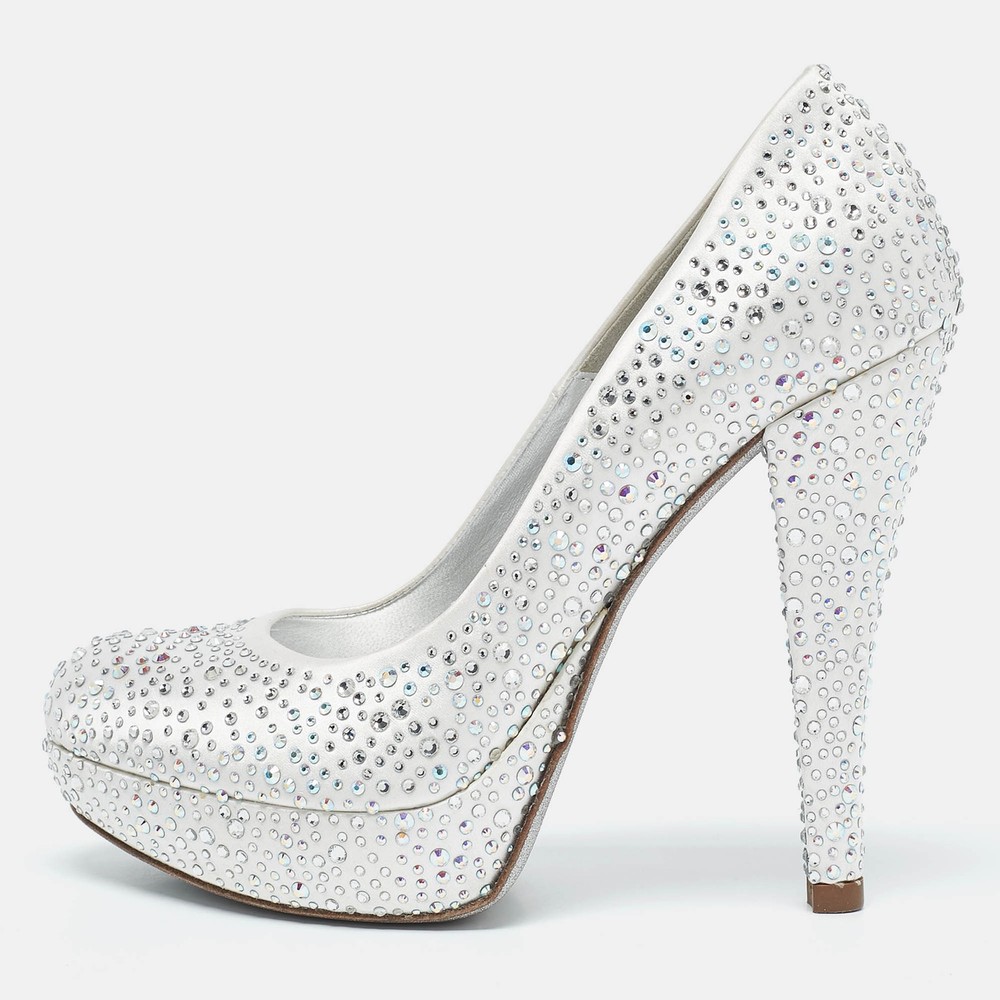 Loriblu Silver Satin Crystal Embellished Platform Pumps Size 36.5