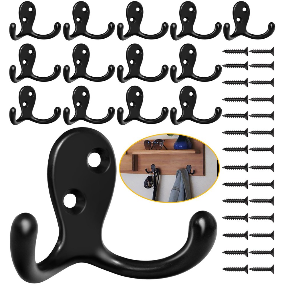 14 Pack Coat Hooks, Heavy Duty Double Prong Coat Hooks Wall Mounted with 28 S...
