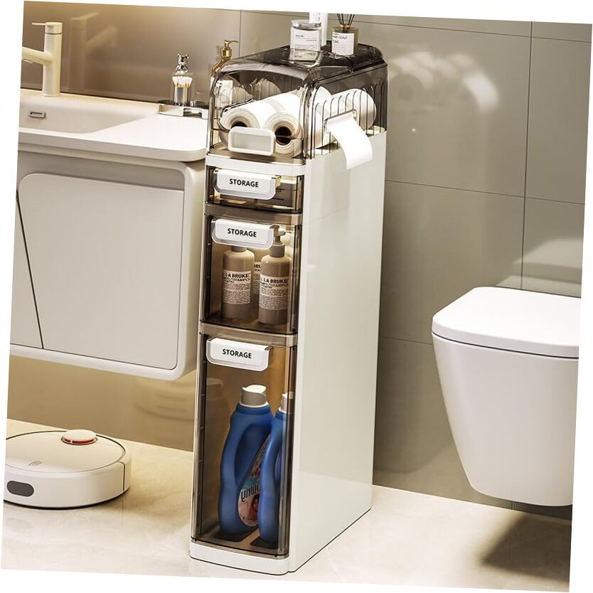 Slim Bathroom Storage Cabinet，Waterproof Plastic Bathroom Storage