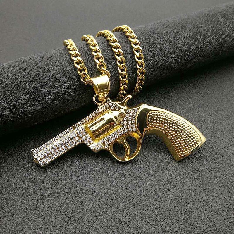 Men's Gold Plated Gun Pendant Stainless Steel Hip Hop Necklace Amulet