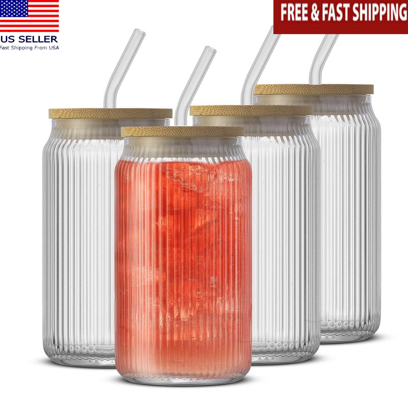 Fluted Can Glass with Lid and Straw, Iced Tea Mixed Drink Glasses, Set of 4