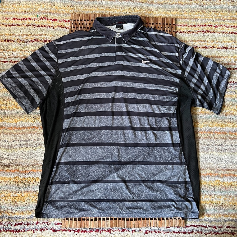 Nike Tiger Woods Vented Polo Golf Shirt Grey Black Stripe Men's XXL 2XL