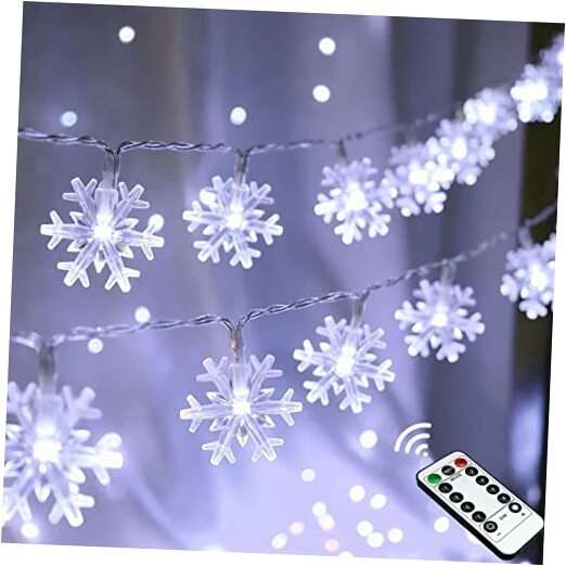 20FT 40LED Snowflake String Lights Battery Operated Cool White Christmas Decor