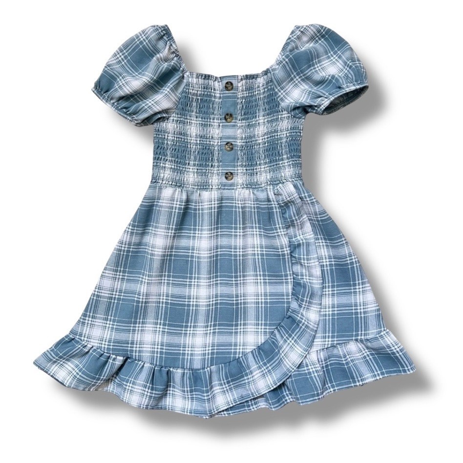 Wonder Nation Dress Girls 4–5 Blue Plaid Smocked Puff Sleeve Ruffle Hem Casual