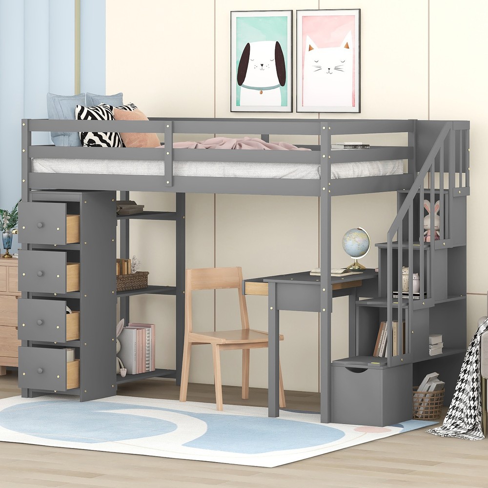 Twin Wooden Loft Bed with Storage Drawers, Desk & Stairs for Space-Saving Kids Room