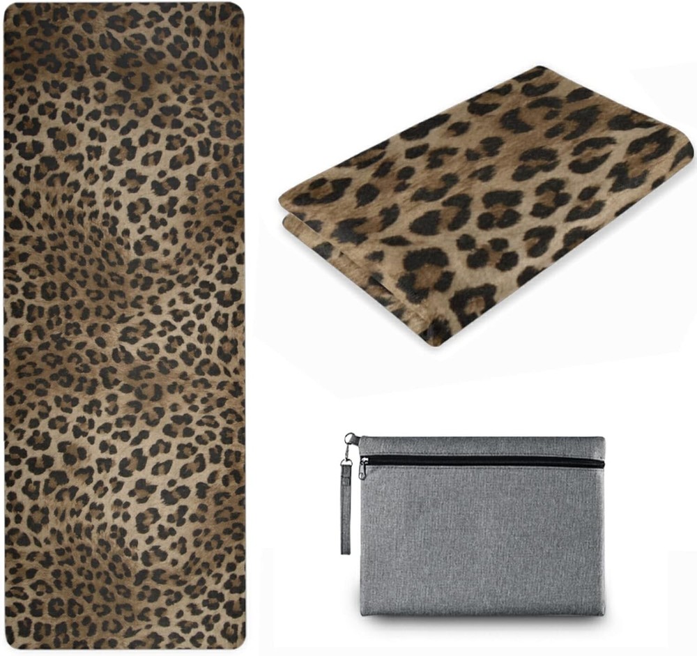 Leopard Print Yoga Mat with Carrying Bag - Foldable Non-Slip Exercise Mat Set