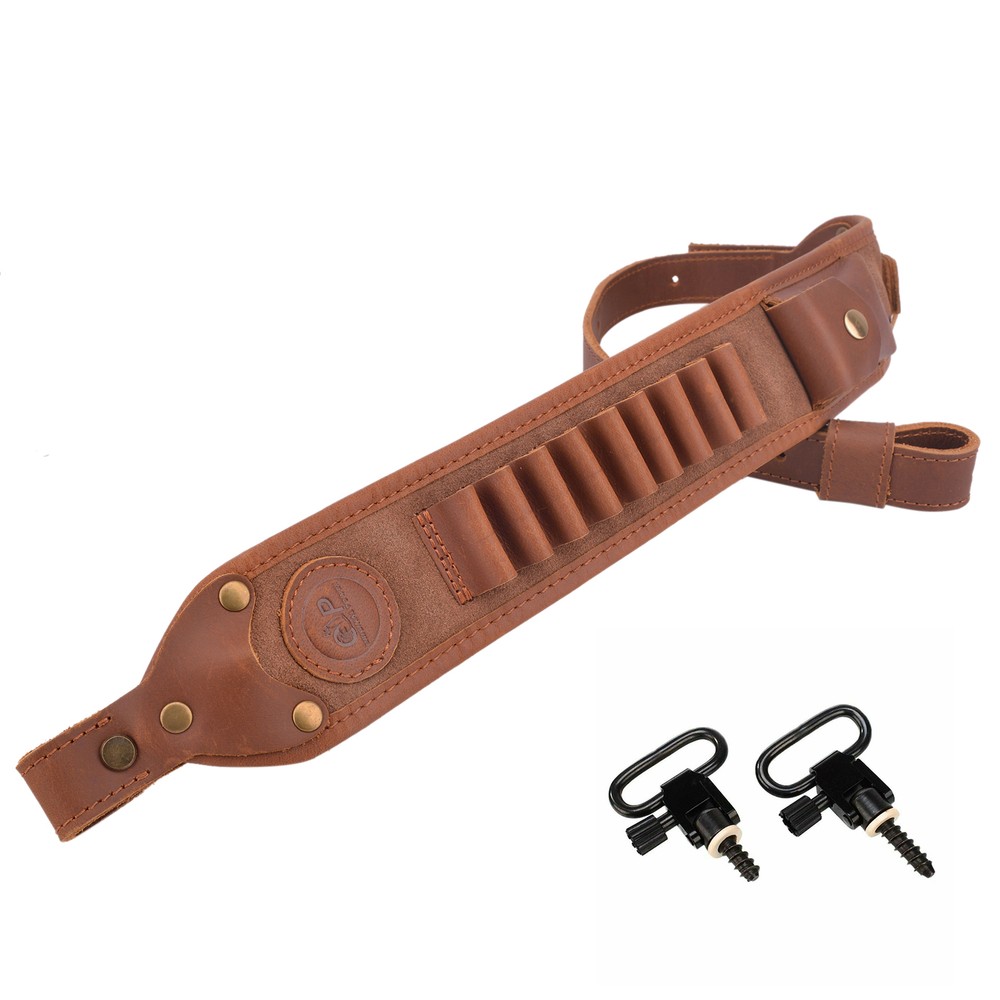 Classic Leather Rifle Sling Gun Carry Straps Cartridge Shell Holder With Swivels