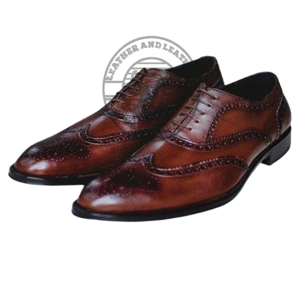 Pure Leather Handcrafted Dark Brown Brogue Lace Up Dress Shoes For Men's