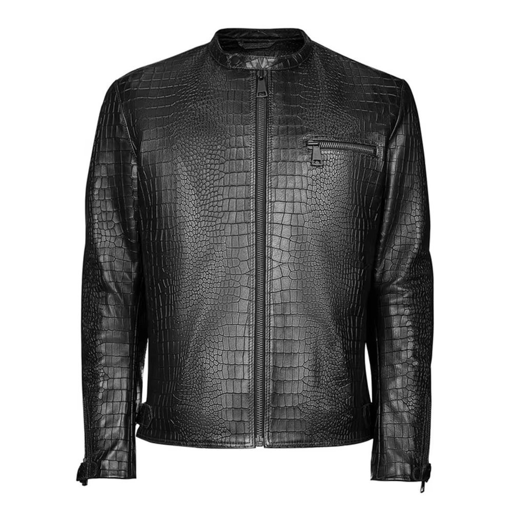 Men’s Black Crocodile Pattern Biker Leather Jacket Alligator Print Zipper Jacket