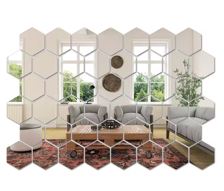 45pcs Mirror Wall Sticker, Hexagon Wall Art Sticker, DIY Household Decorative Ti