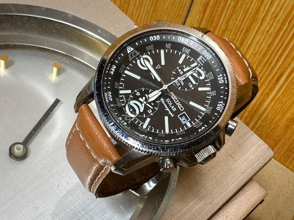 Seiko Sora Chronograph Black Brown Leather Strap Watch V172-0Ag0