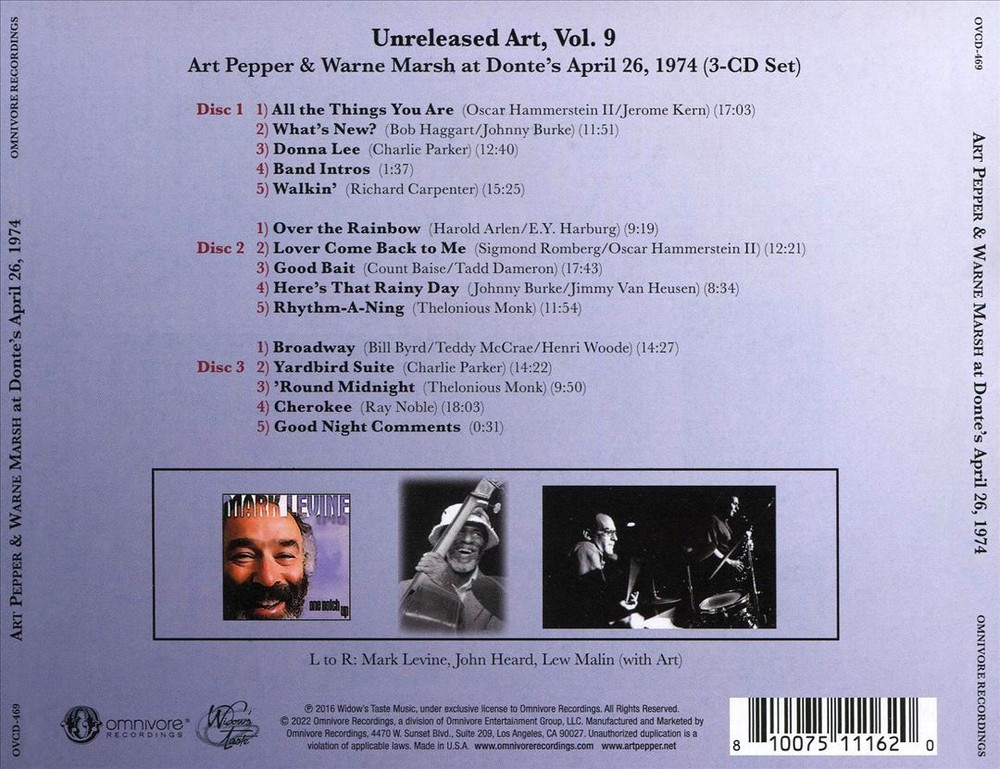 ART PEPPER/WARNE MARSH UNRELEASED ART, VOL. 9: AT DONTE'S, APRIL 26, 1974 NEW CD