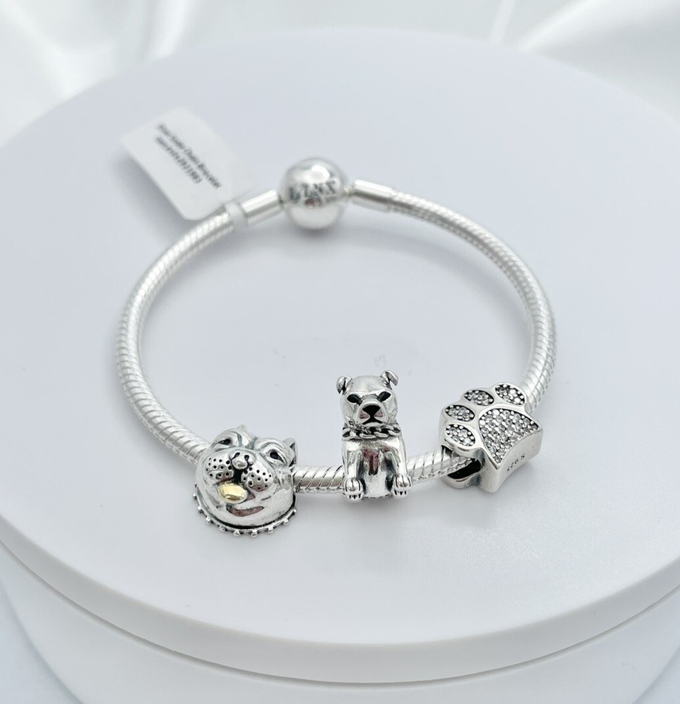 Linx Silver Snake Chain Bracelet with Pitbull Themed Charms 925 Sterling Silver