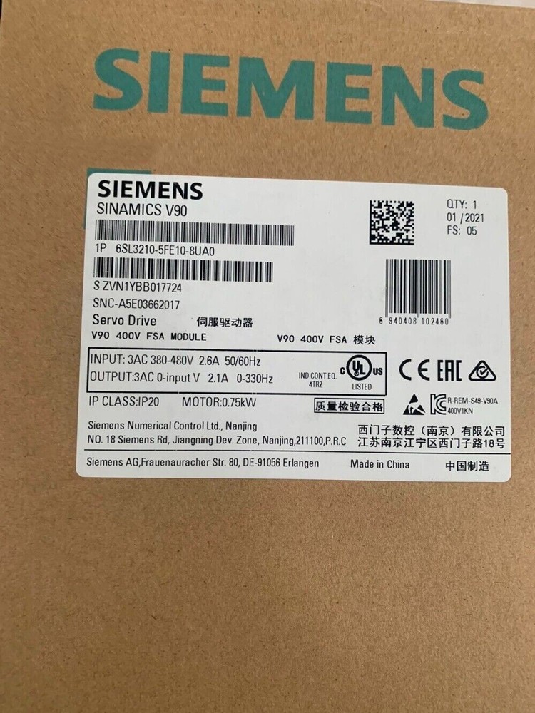6SL3210-5FE10-8UA0 New Siemens SINAMICS V90 400V Inverter 6SL3210-5FE10-8UA0