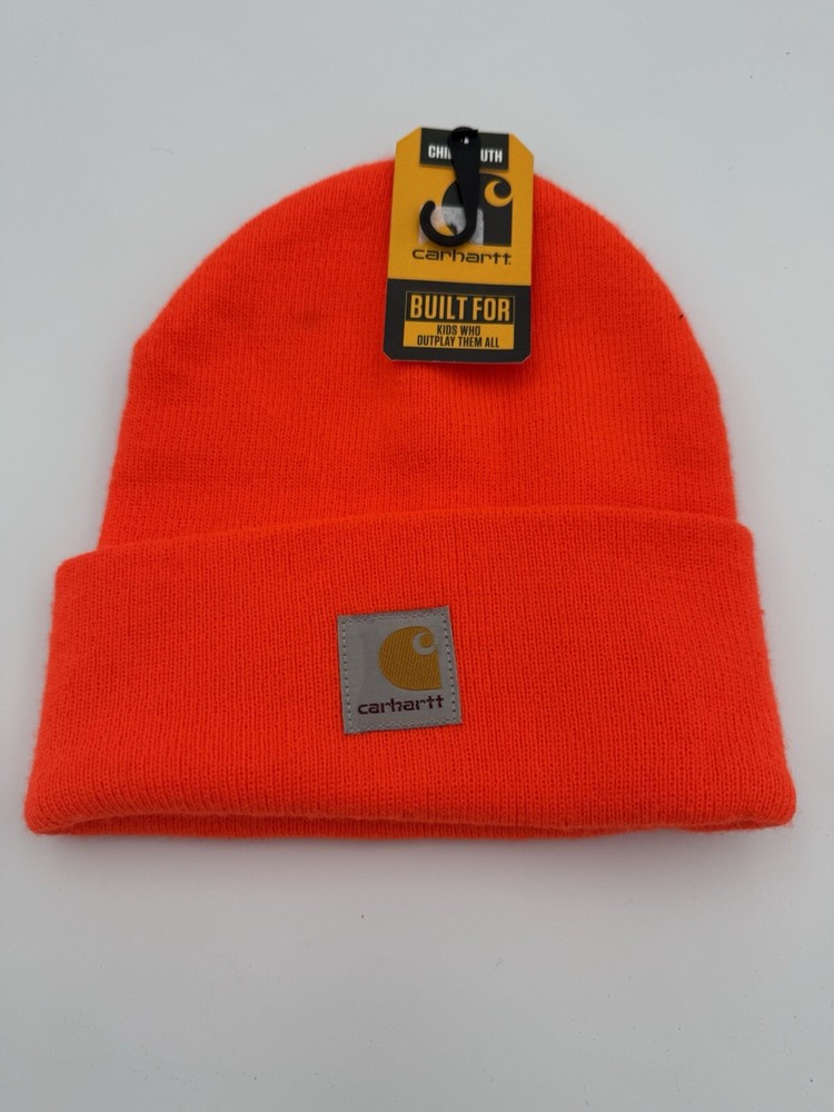 Carhartt Beanie Mens Hat One Size Bright Neon Orange A18 Knit Cuffed Hunting NEW