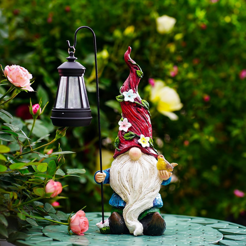 Solar-Powered Garden Gnome Statue with LED Lights for Outdoor Yard Decor