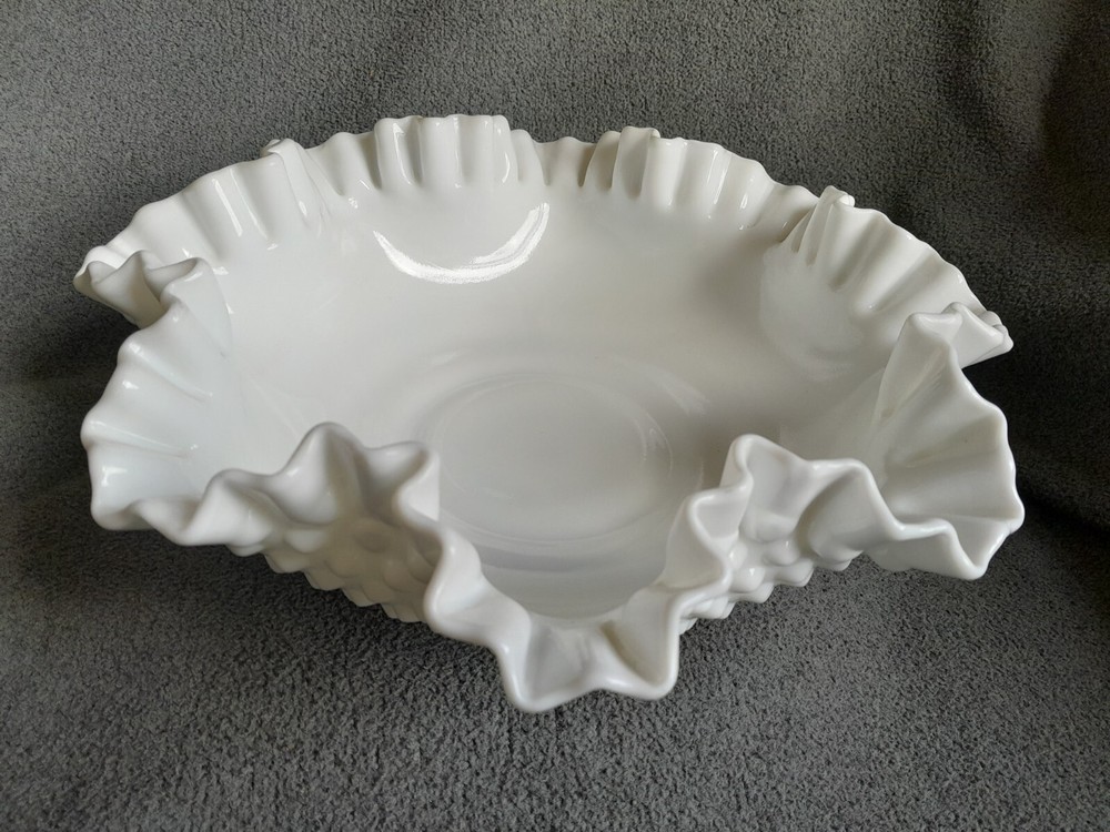 Vintage 1940s Fenton White Hobnail Milk Glass Ruffled Bowl 11 Inch  