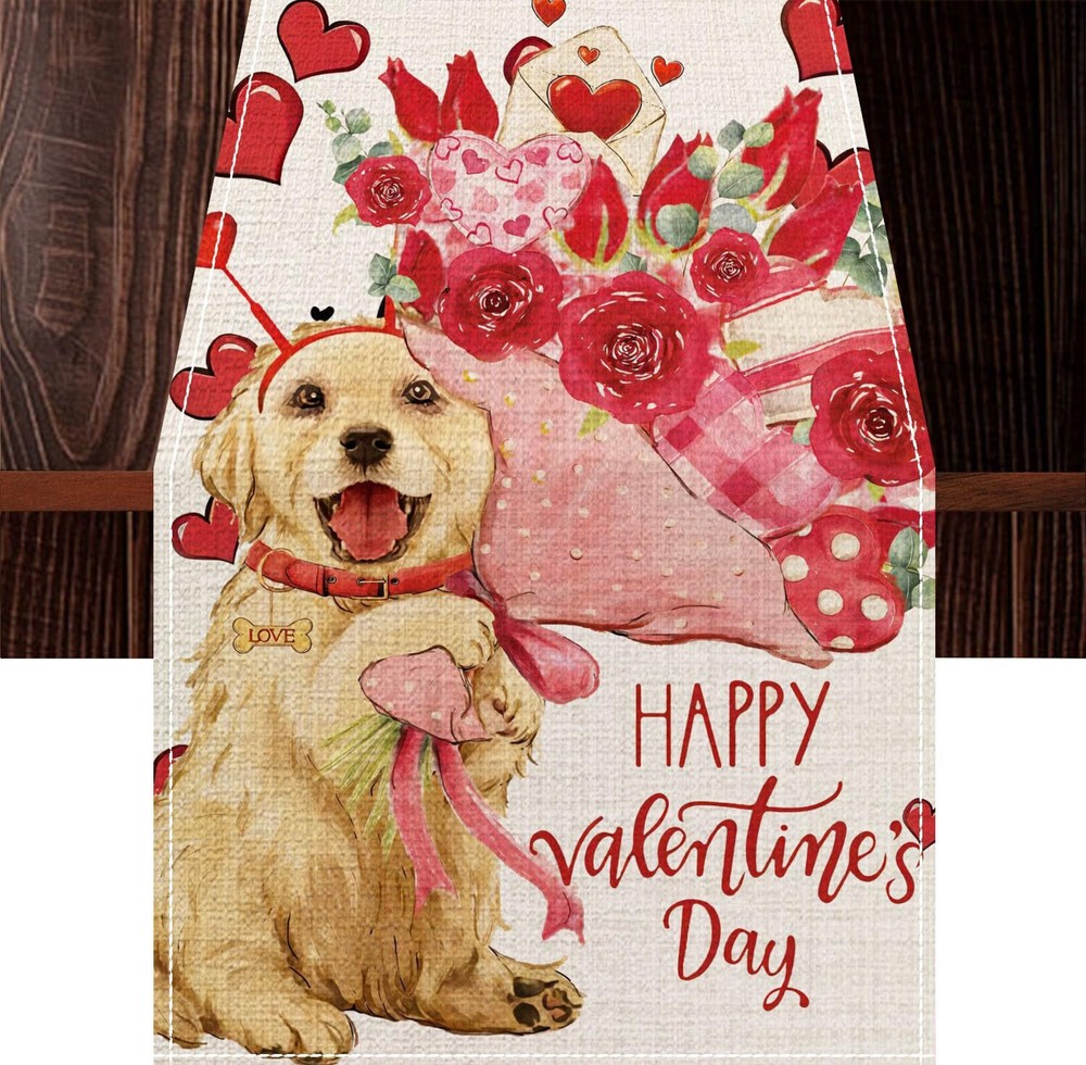 Valentine's Day Rose Golden Retriever Dog Table Runner-Red Love Wave Dots Des...