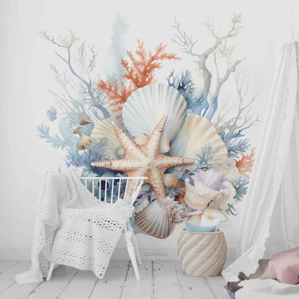 3D Coral Shell Starfish Watercolor Wall Murals Wallpaper Murals Wall Sticker